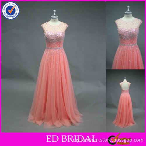 LN143 Real sample sexy open back crystal beaded coral color tulle floor length american prom dress